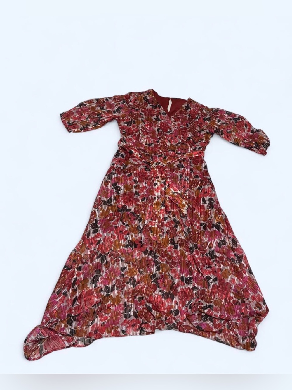 Floral Red Midi Dress with Tie Waist